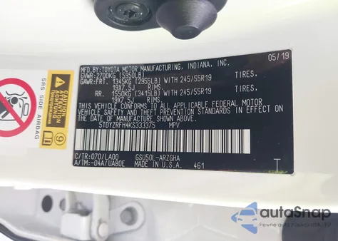 2019 Toyota Highlander Limited z USA, uszkodzony, nr VIN 5TDYZRFH4KS333375